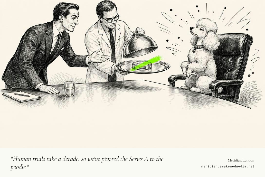 "Human trials take a decade, so we've pivoted the Series A to the poodle."