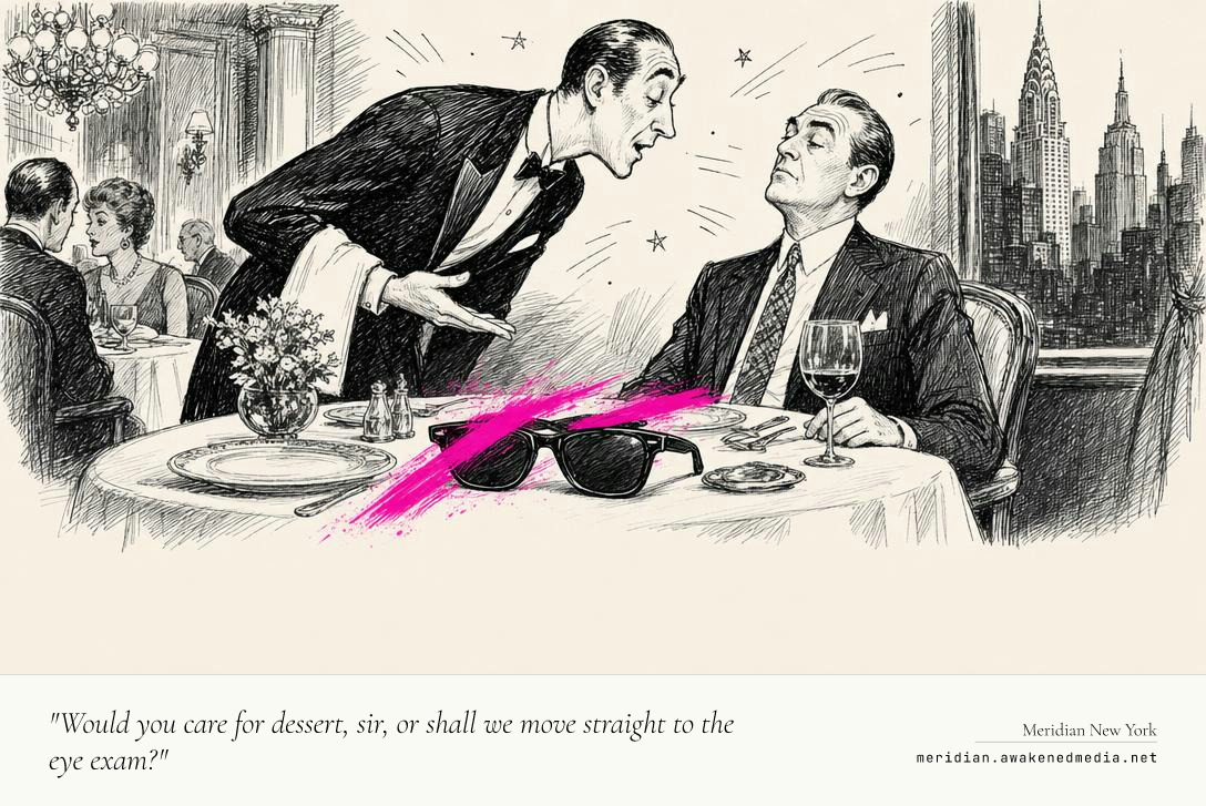 "Would you care for dessert, sir, or shall we move straight to the eye exam?"